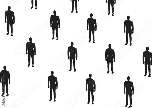 Silhouette pattern of standing people with alternating ball markers near feet, grid formation illustration for visual perception, pattern recognition, sports training, and spatial arrangement concepts
