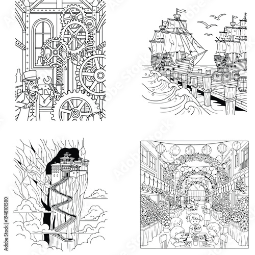 Steampunk inventor working on gears, coloring book page, black and white