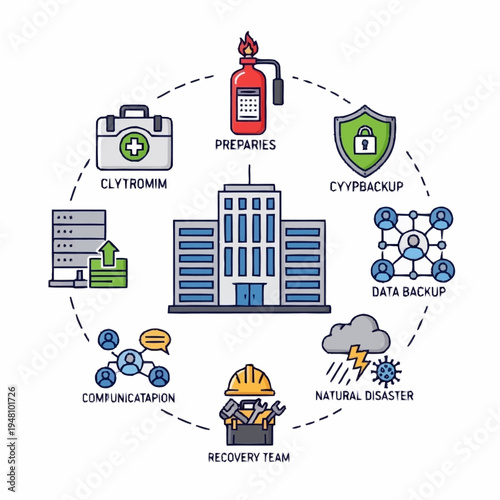 Diagram illustrating a comprehensive business continuity plan for an organization, covering disaster preparedness, data backup, communication, and recovery.