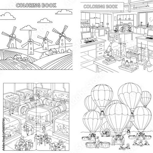 Varied line art coloring book: windmills, science lab, city traffic, hot air balloons