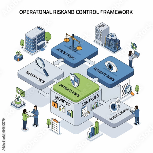 Operational Risk and Control Framework illustrating the process of identifying, assessing, mitigating, monitoring, and reporting risks within an organization.