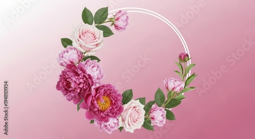 Elegant circular wreath of blooming pink roses and green leaves on a soft pastel background frame