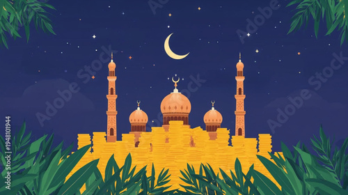 illustration of a grand mosque at night, Surrounding the mosque are abundant stacks of gleaming golden coins, symbolizing prosperity