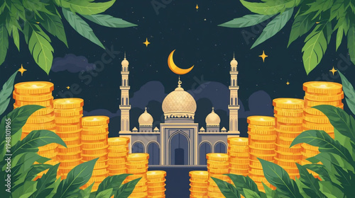 illustration of a grand mosque at night, Surrounding the mosque are abundant stacks of gleaming golden coins, symbolizing prosperity
