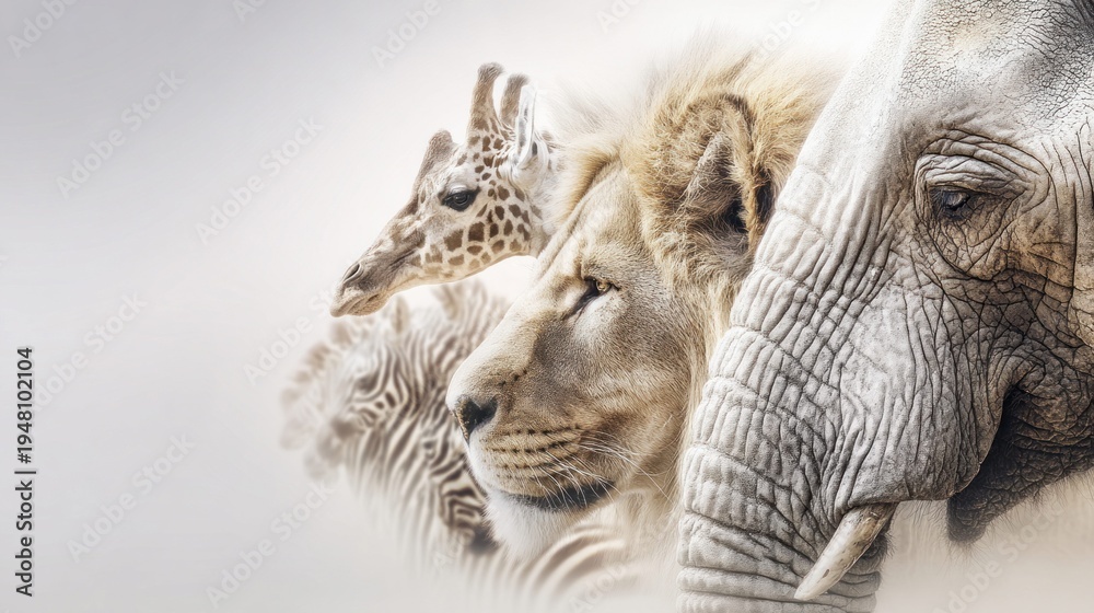 Fototapeta premium Majestic African wildlife montage featuring lion, giraffe, elephant, and zebra in profile