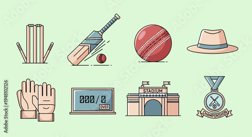 Cricket Equipment and Stadium Icons Vector Art with Bat, Ball, Wicket, Gloves, Scoreboard, and Hat