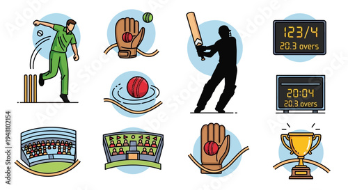 Cricket Match Elements Set Action, Stadium, Equipment, Scoreboard, Trophy and More
