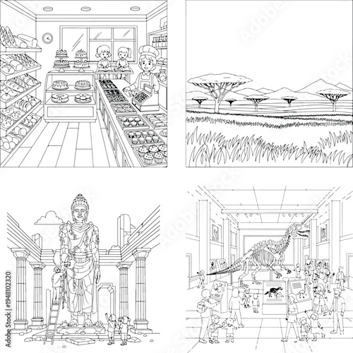 Varied line art coloring book: supermarket, savanna, ancient ruins, museum diorama