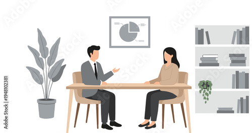 Business meeting between man and woman at office desk with bookshelf and plants