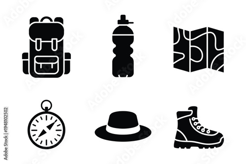 Hiking and camping gear icons: backpack, compass, map, boots