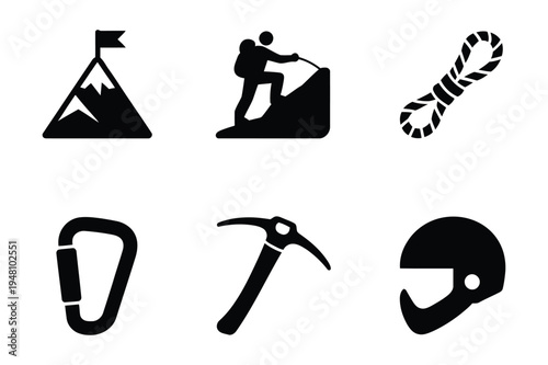 Climbing and mountaineering icons: peak, climber, rope, helmet