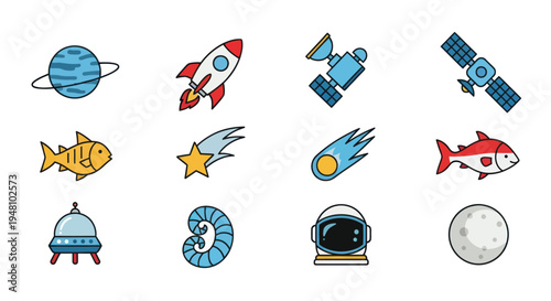Cosmic icons planets rockets and satellites