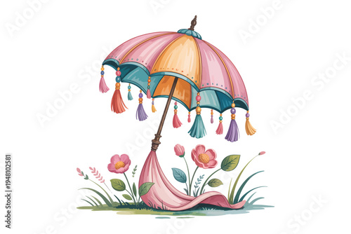 A beautifully illustrated ornate pink and orange parasol with floral accents and tassels on transparent background high-quality professional detailed modern.