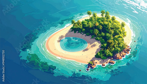 Inner pool island framed by rocks, palms, and creamy shoreline. Tropical cay with circular basin and rugged coastal textures. Bright aerial retreat featuring coral stones and shallow water. 