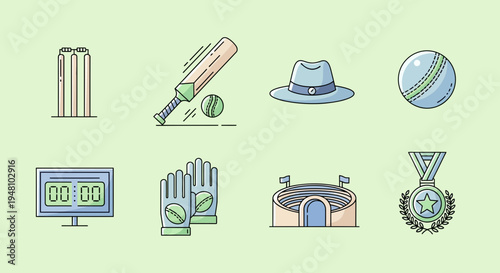 Set of Sports Equipment and Stadium Iconography for Cricket and Other Games