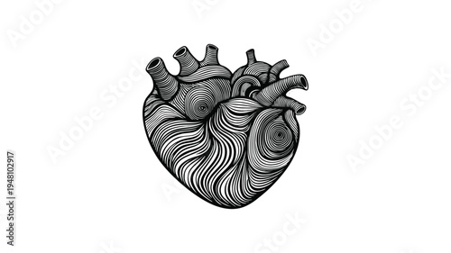 Anatomical Human Heart Vector Illustration in Vintage Woodcut Line Art Style