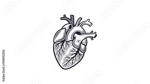 Anatomical Human Heart Vector Illustration in Vintage Woodcut Line Art Style
