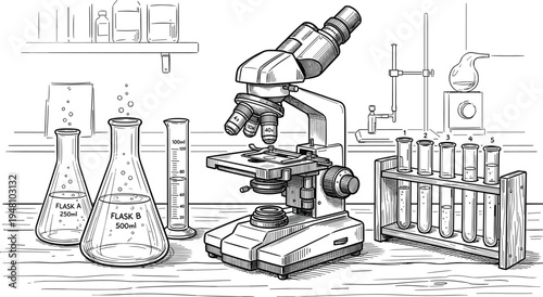 vintage science laboratory illustration, microscope flasks test tubes glassware chemistry experiment research equipment engraving style