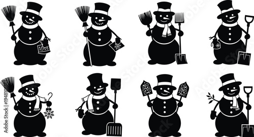 Collection of snowman silhouettes holding winter tools broom shovel rake festive Christmas character icon set isolated black white background seasonal holiday clipart illustration bundle