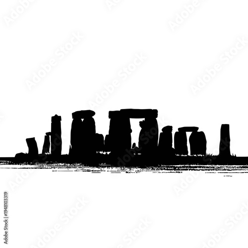 Silhouette of Stonehenge ancient megalithic monument against a white background.