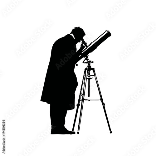 Silhouette of a man in a coat looking through a telescope on a tripod against a white background.