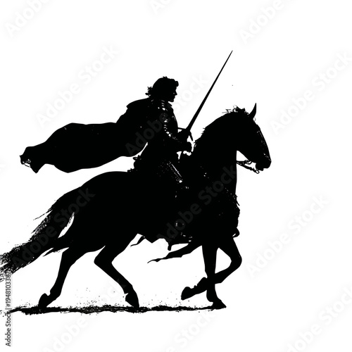 Silhouette of a medieval knight in armor riding a horse with a sword raised, symbolizing strength and bravery.