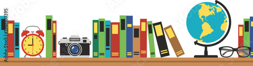 Colorful bookshelf with globe clock camera and glasses on white background