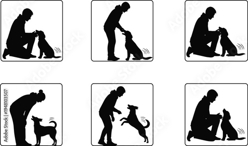 Dog training silhouettes collection owner teaching pet obedience commands interaction black white icon set isolated animal clipart illustration bundle vector design