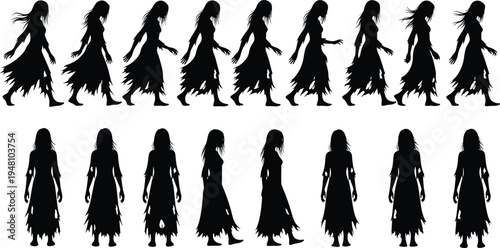 Zombie woman silhouette vector set isolated on light background, horror walking undead character collection for Halloween illustration design bundle