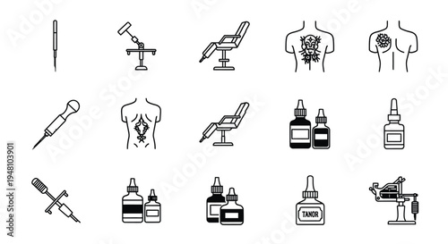 Tattooing tools and body art designs in a black outline silhouette