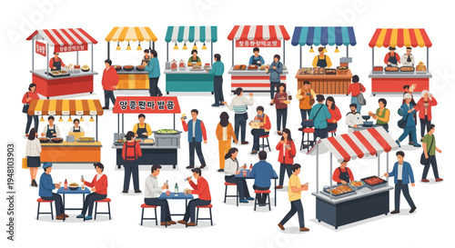 Diverse Street Food Market Scene with People and Stalls