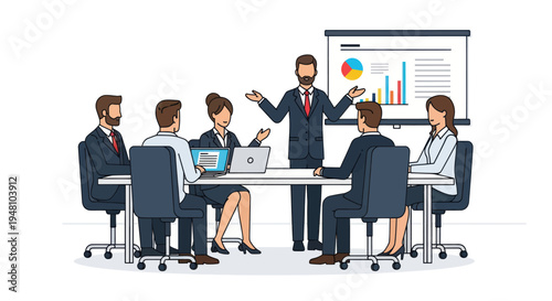 Business meeting, presentation with charts and graphs, teamwork, discussion