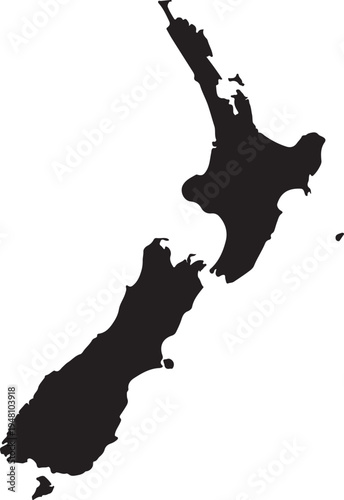 Silhouette map of New Zealand showing North and South Islands on a white background. 