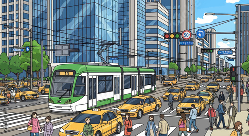 Busy City Street with Tram, Taxis, Pedestrians and Tall Buildings