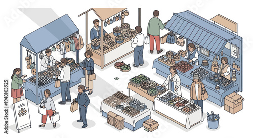 Isometric illustration of people shopping at an outdoor farmers market with stalls selling fresh produce and goods.