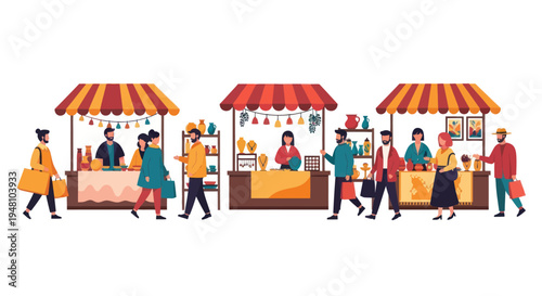 Outdoor Market Scene with People Shopping at Stalls