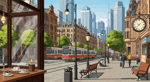 Vibrant European City Street Scene with Trams and Modern Skyscrapers