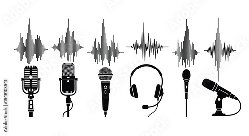 Audio equipment and sound waves depicted in a striking black silhouette