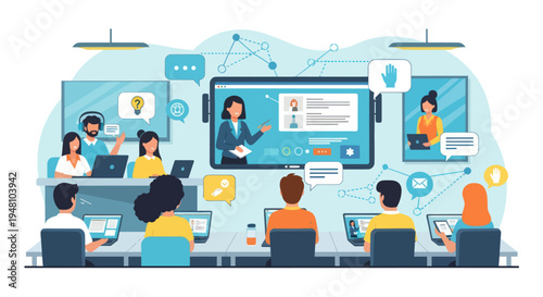 Online Education: Diverse Students Engage in Virtual Classroom Learning with Digital Screens