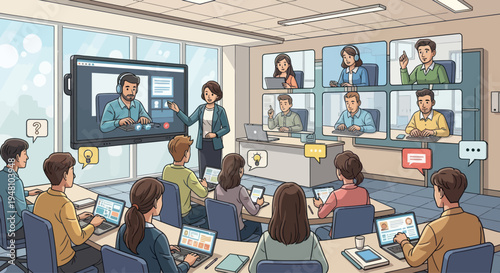 Online Meeting and Remote Learning in a Modern Classroom with Video Conference