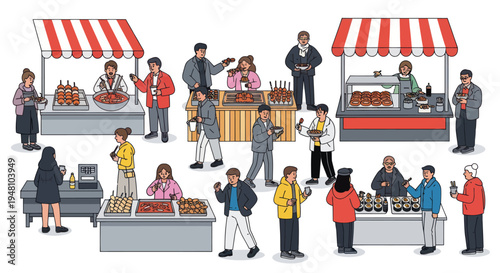 Pixel Art Street Food Market Scene with Diverse People and Food Stalls