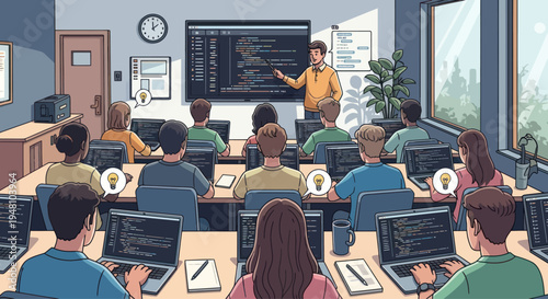 Diverse students learning computer programming in a modern classroom with teacher at screen