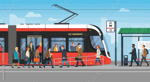 People boarding and alighting a modern tram at a city station, urban public transport