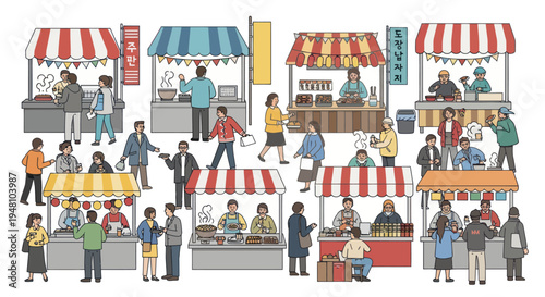 Diverse People Shopping at a Lively Outdoor Market with Food Stalls and Booths