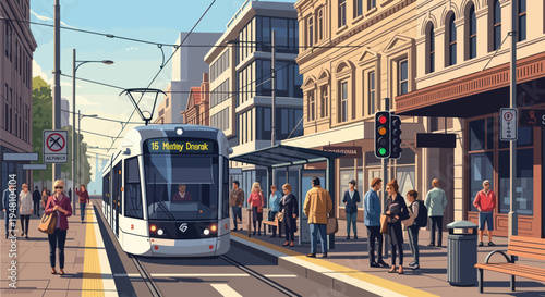 Modern Tram Arrives at Sunny City Street Stop with People Waiting