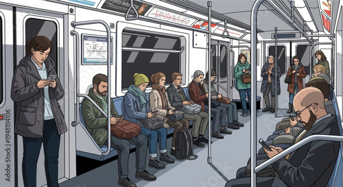 Diverse commuters on a subway train, each absorbed in their phone, illustration