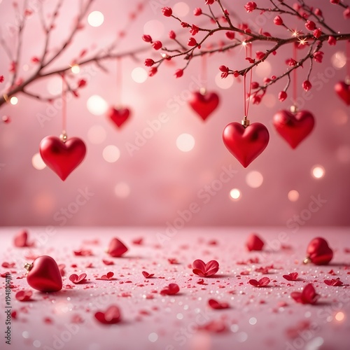 Romantic Valentine Day Background with Red Heart Ornaments and Petals