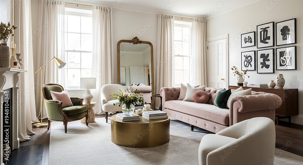 Fototapeta premium Selected model gemini-2.5-flash-lite Elegant living room with plush pink sofa, ornate mirror, and curated gallery wall