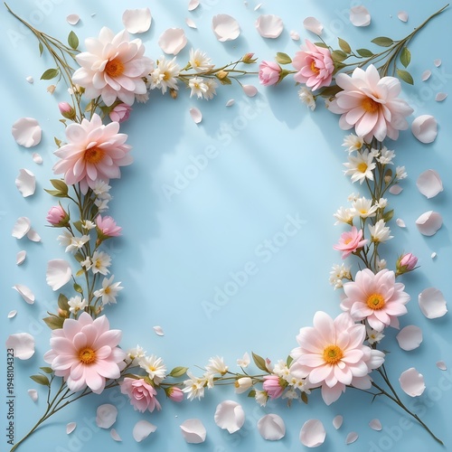 Elegant Pink Floral Frame with Spring Daisies on Light Blue Background