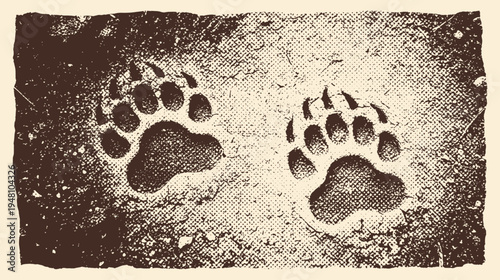 Vintage Halftone Bear Paw Prints in Soil Illustration